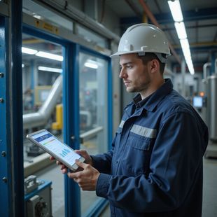 Man in hard hat and work uniform using a tablet in a factory setting, looking at data.