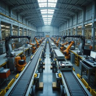 Robots on assembly line in large, well-lit factory. Conveyor belts, machinery, and workstations are visible.