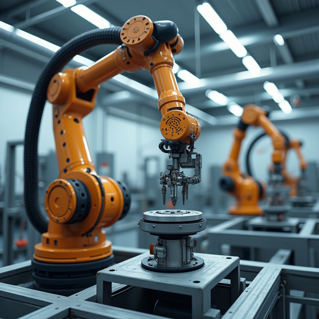 Orange robotic arms in a factory assembly line, working on metal parts.
