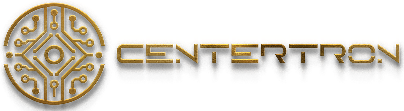 Logo for Centeron in gold tones, featuring a circular design and circuit board.