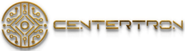 Logo for Centeron in gold tones, featuring a circular design and circuit board.