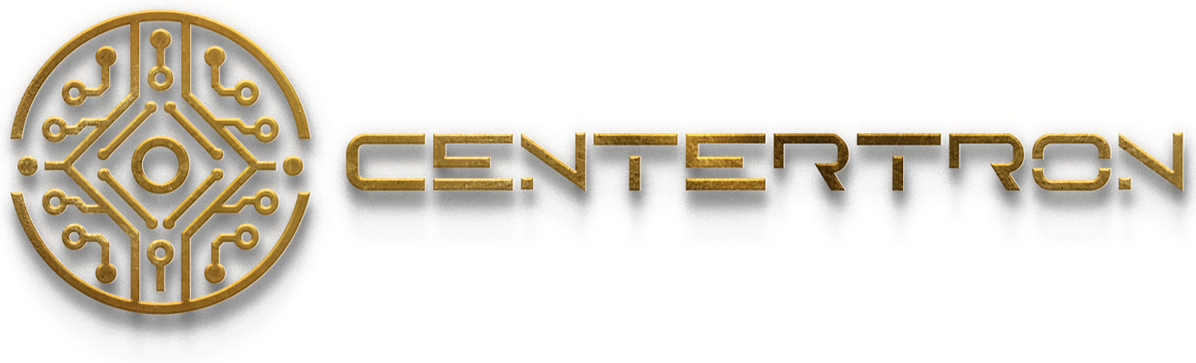 Gold-colored CENTRON logo with a circuit board-style circular icon on the left and a shadow effect.