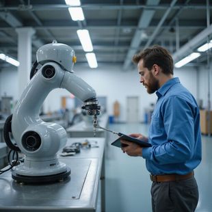 Man using tablet to program an industrial robot arm in a factory.