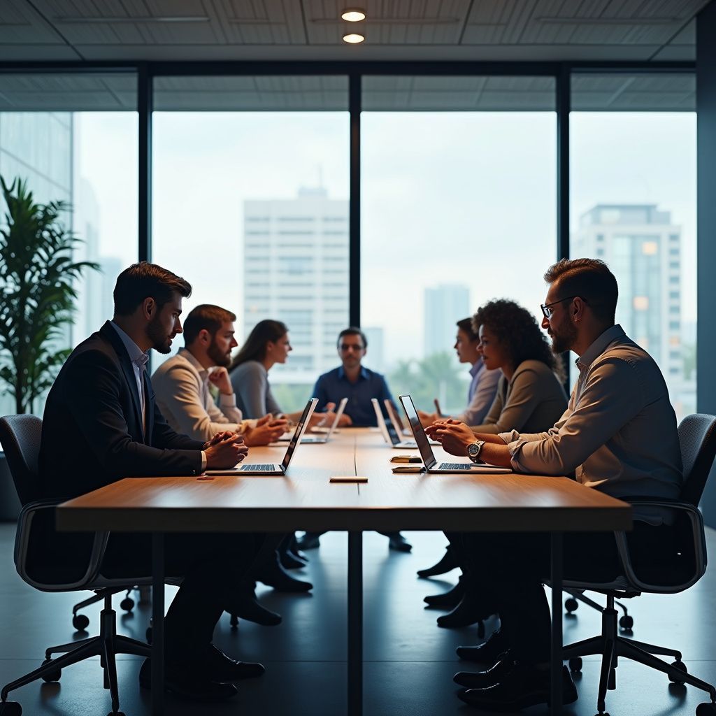Business team seated around a conference table, working on laptops, with a city view background.
