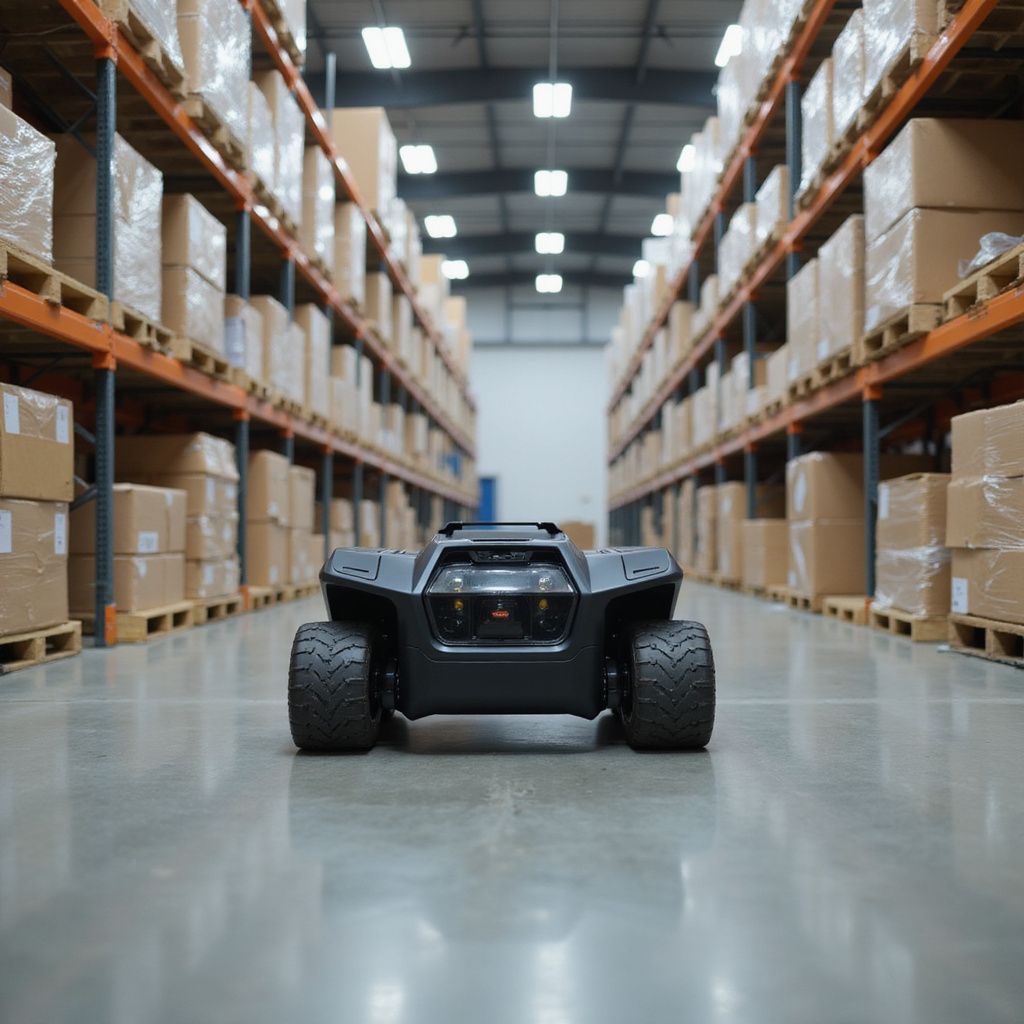 Black robotic vehicle in a warehouse aisle, surrounded by shelves of boxes.