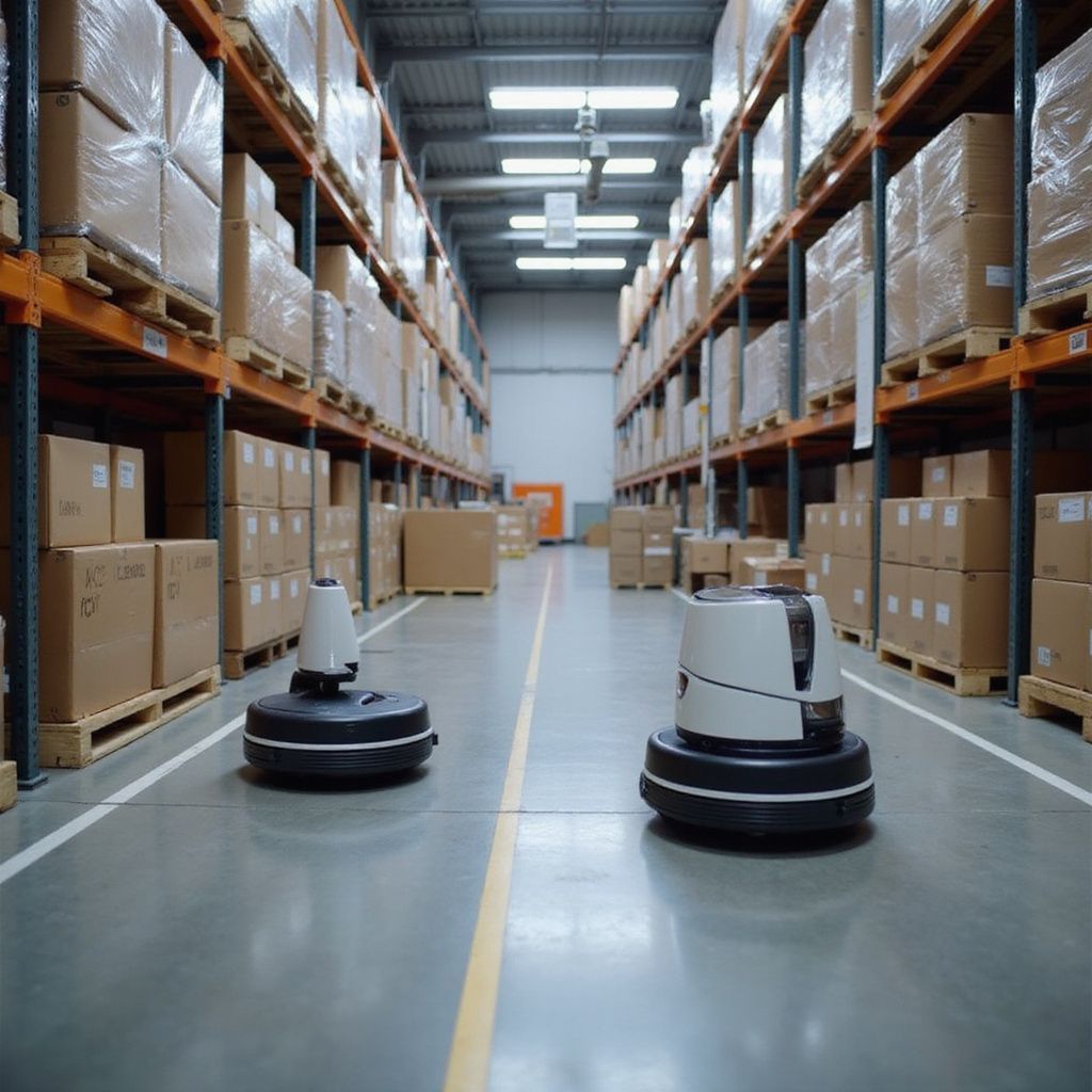 Two warehouse robots move down an aisle lined with shelves of boxes.