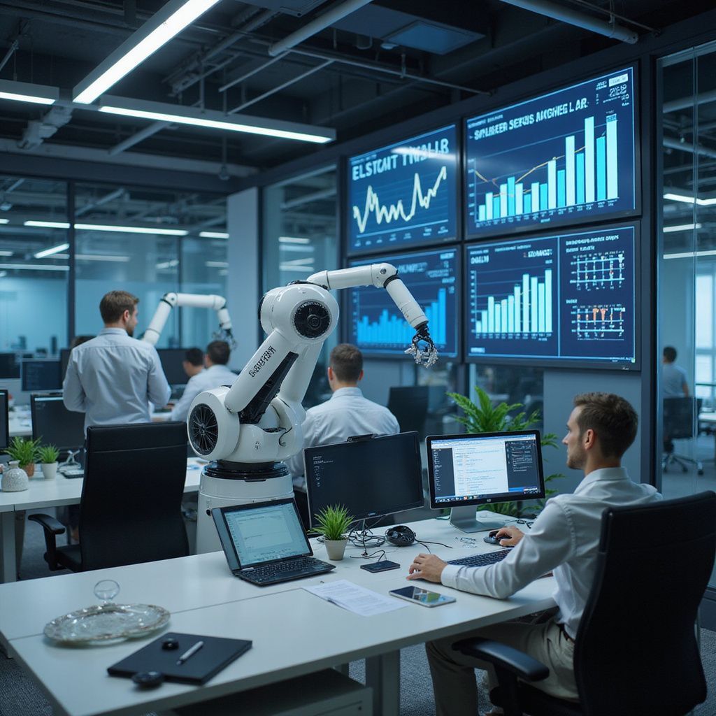 An office with people and a robot arm working with monitors displaying data.
