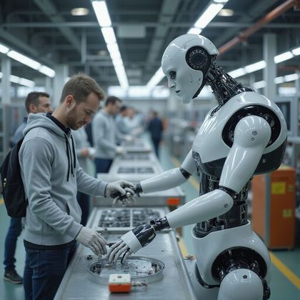 A human and a robot working side-by-side on an assembly line, indoor factory.