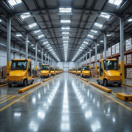 Yellow warehouse vehicles lined up in a large, well-lit warehouse with shelves of goods.
