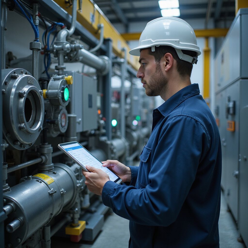 Factory worker in blue uniform and hard hat inspects equipment with a tablet.