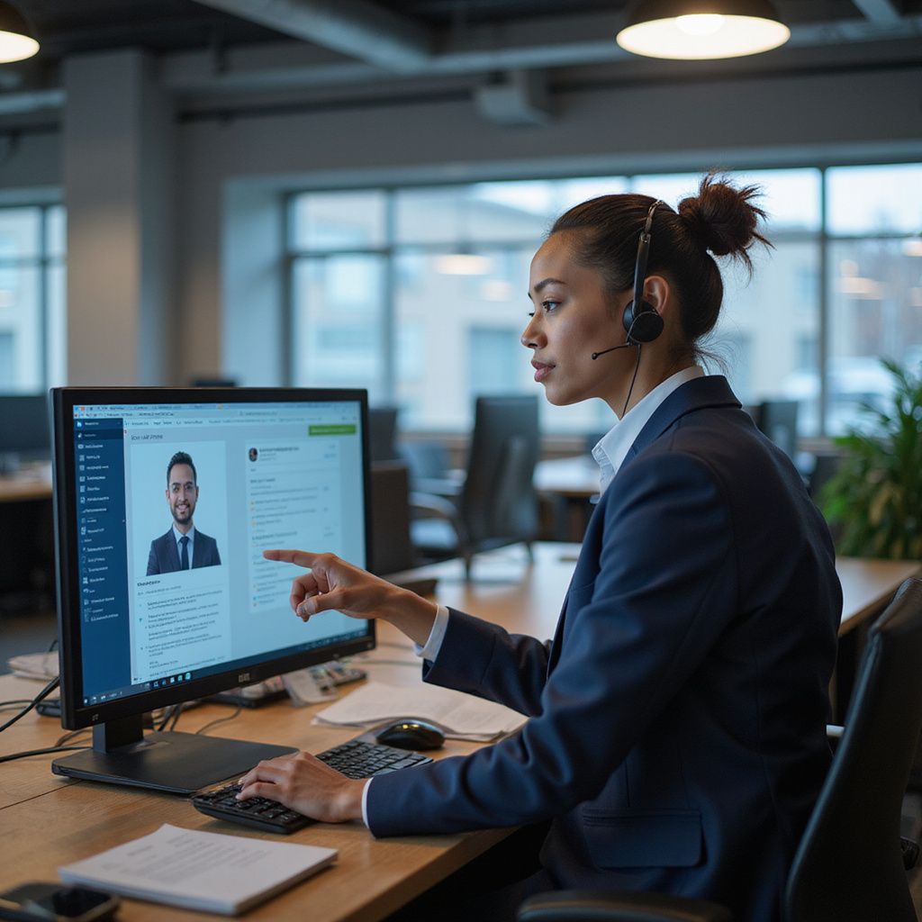 Woman in suit with headset at a desk, pointing at a computer screen showing a man's profile, in an office setting.