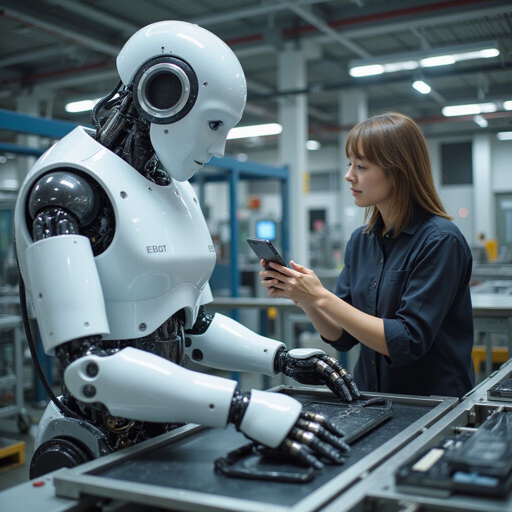 Robot and woman working together at a factory; woman holding phone, robot working on assembly line.