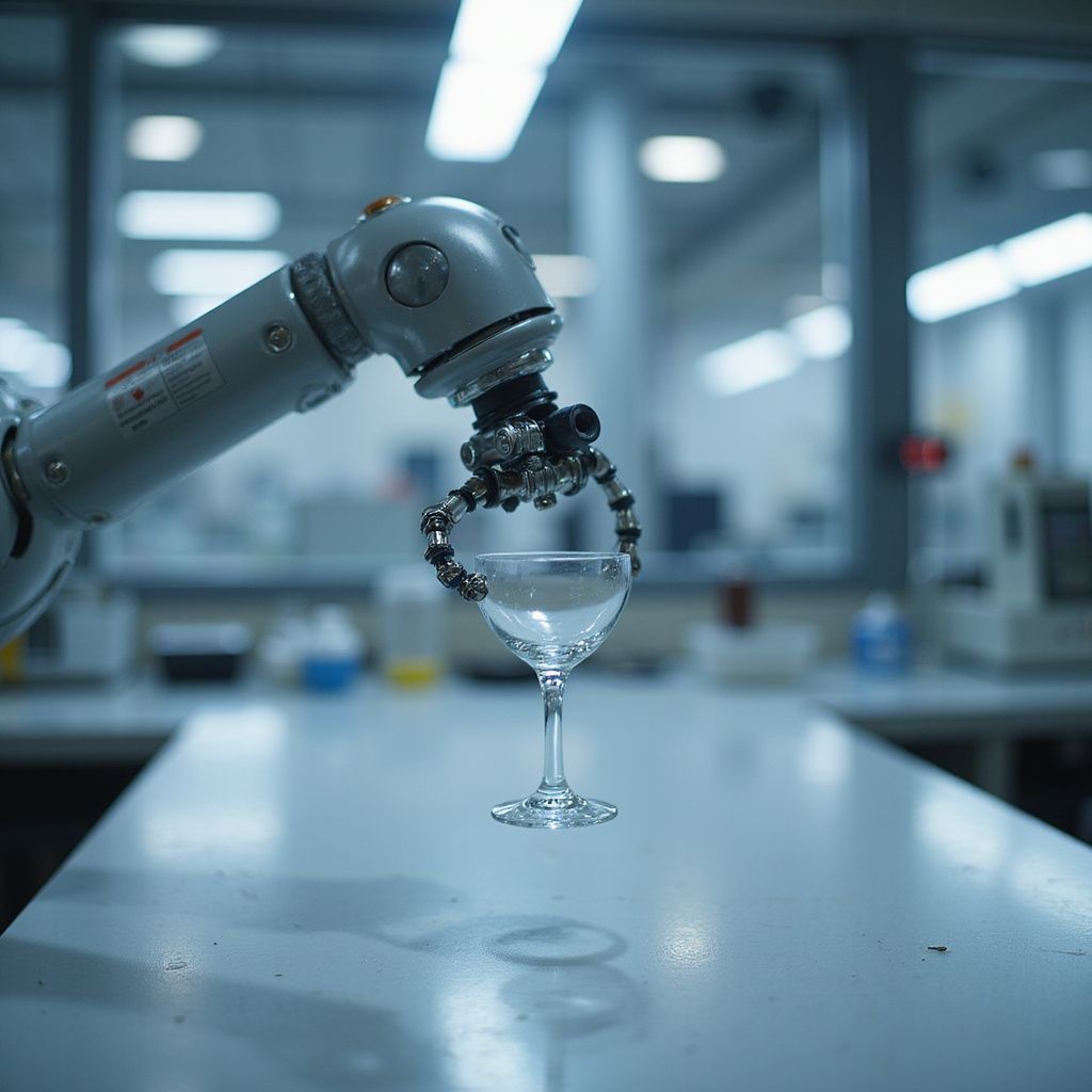 Robot arm gripping a clear glass of water on a lab bench. The background is blurred.
