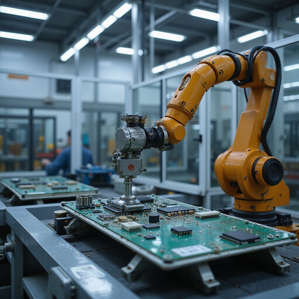 An industrial robot arm assembling circuit boards on an assembly line.