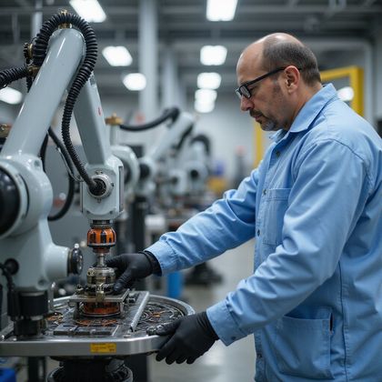Man in blue work shirt operates machinery in a factory setting.