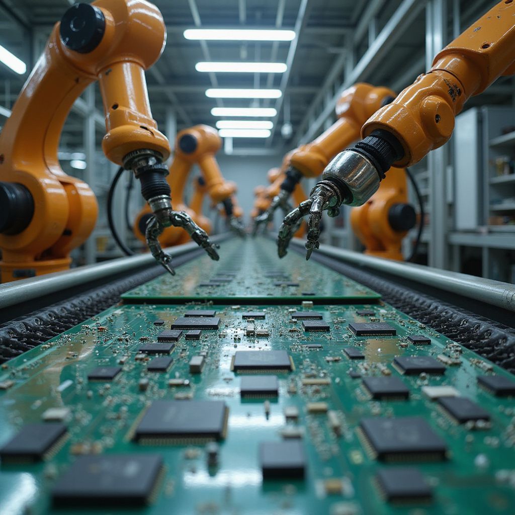 Robotic arms assemble circuit boards on a factory assembly line.