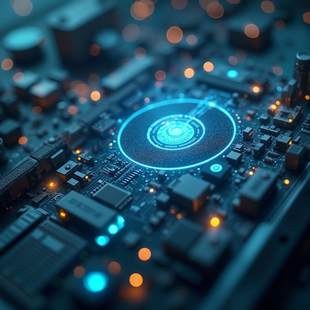 Close-up of a circuit board with glowing blue and orange lights, emphasizing a central circular design.