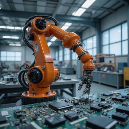 Orange robotic arm assembling circuit board in a factory setting.