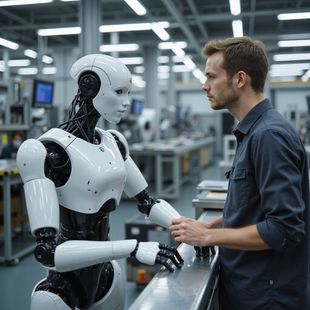 A robot and a man in a factory, looking at each other. The robot is white with black accents; the man is in a dark shirt.
