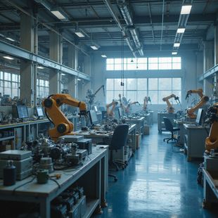 Robotic arms working on desks in a blue-lit industrial workshop.