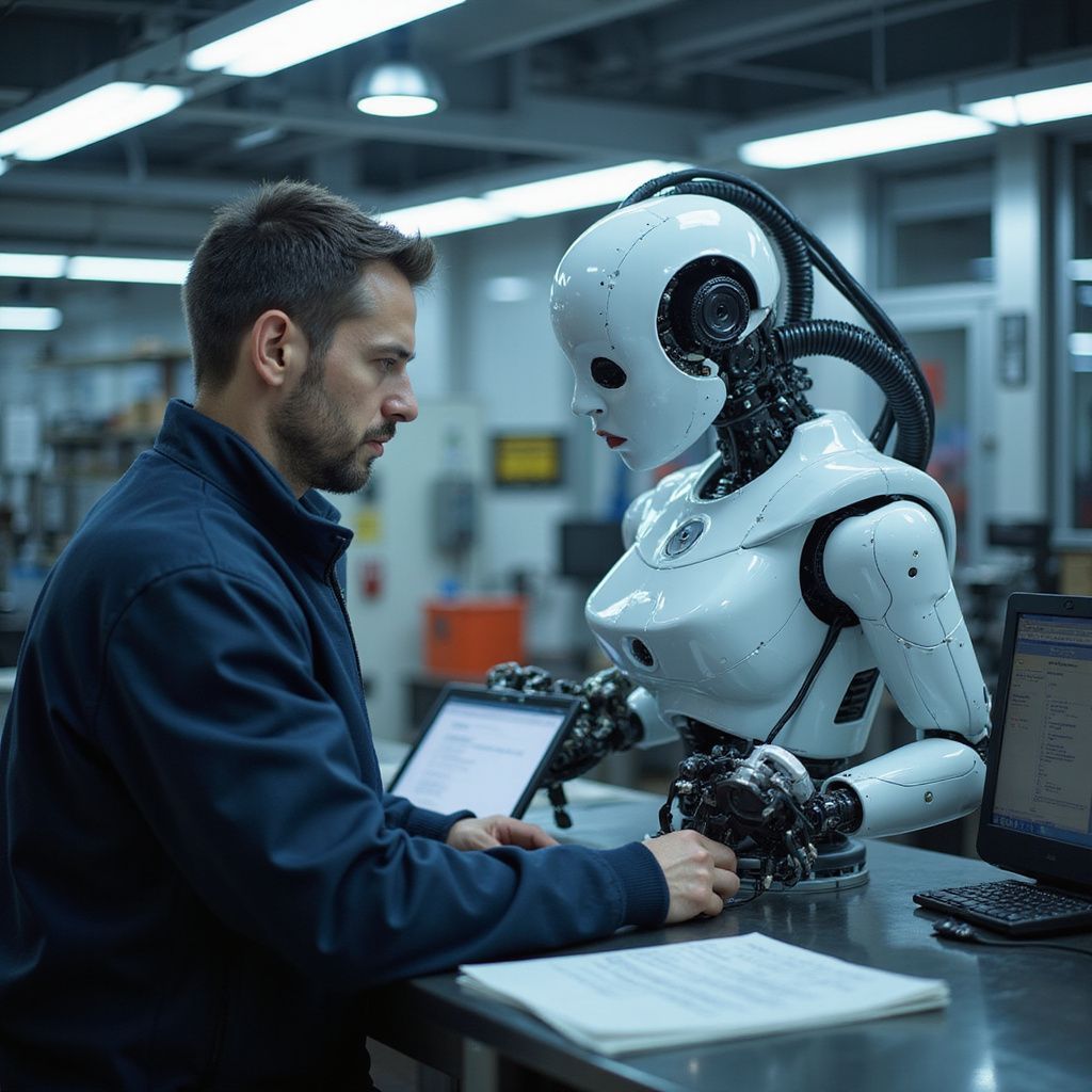 Man and humanoid robot at a desk with laptop. The robot has a white body, the man wears a blue jacket.