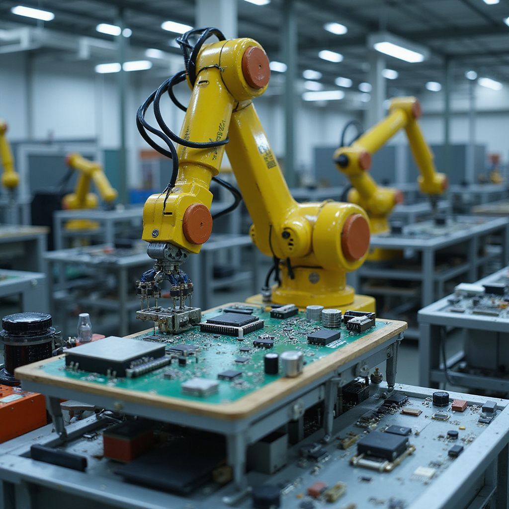Yellow robotic arm assembling a circuit board in a factory setting, with other robots in the background.