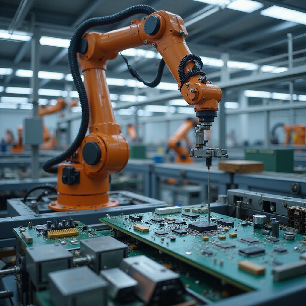 Orange robotic arm assembling circuit board in a factory setting.