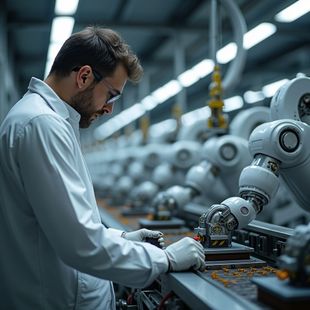 Man in lab coat and gloves working on robotics in a factory, with robotic arms and equipment.