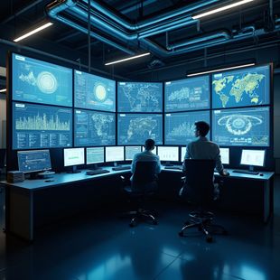 Two people in a dark control room monitor data screens. Blue hues, complex graphs, and world maps displayed.