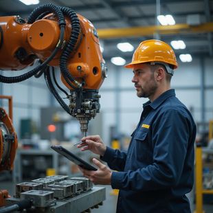 A man in a hard hat inspects a robotic arm with a tablet in a factory.