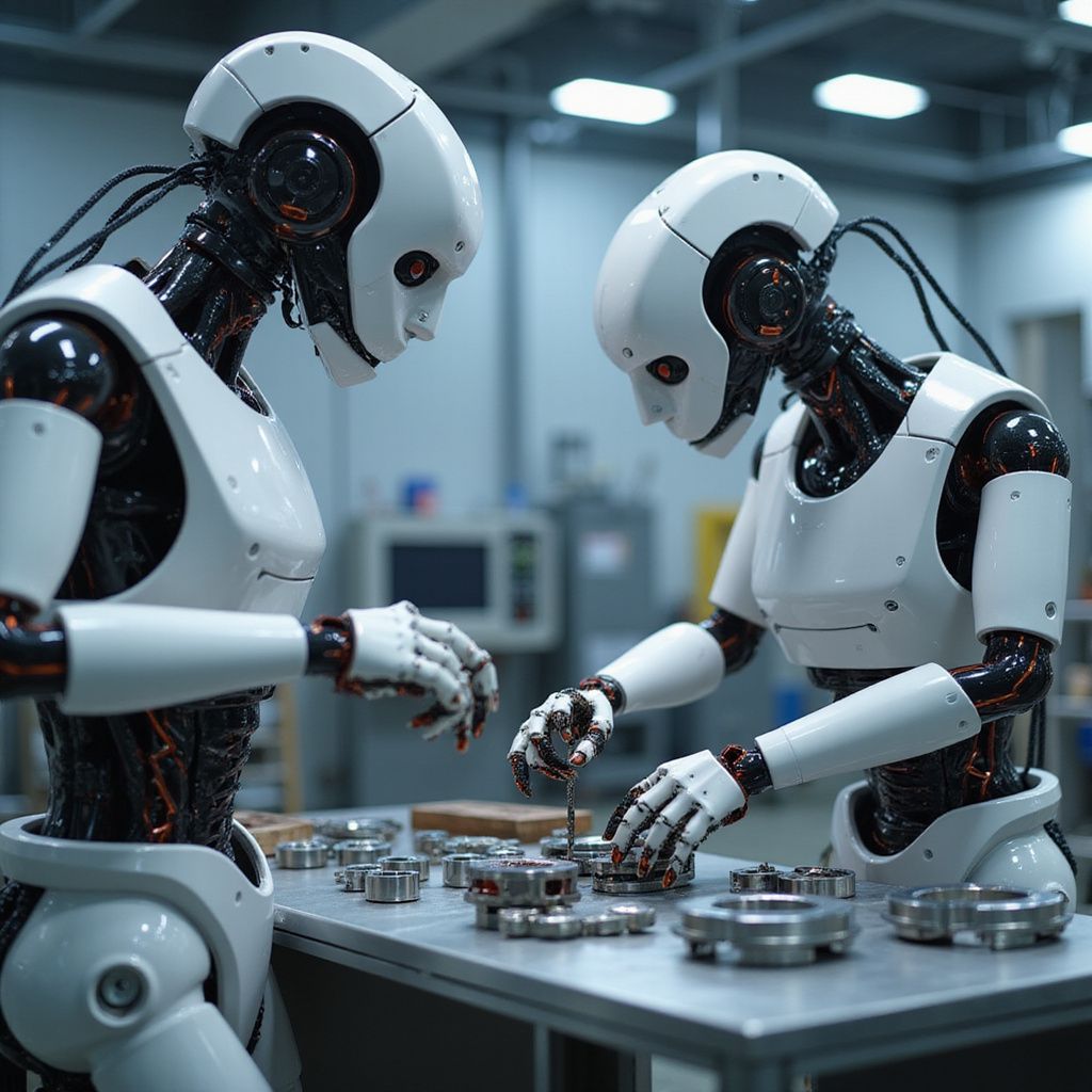 Two white robots assemble metal parts at a workbench. Factory setting with industrial machinery in the background.