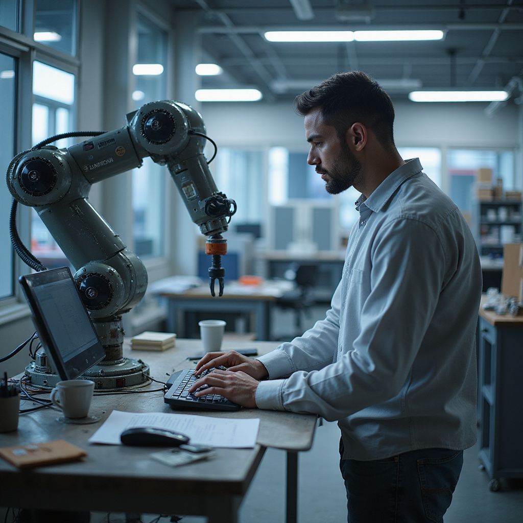 Man working on a computer, controlling an industrial robot arm in a modern office setting.