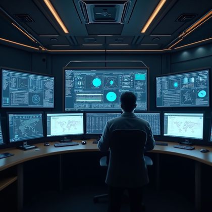 Man in control room, analyzing data on multiple screens, blue interfaces, dark interior.