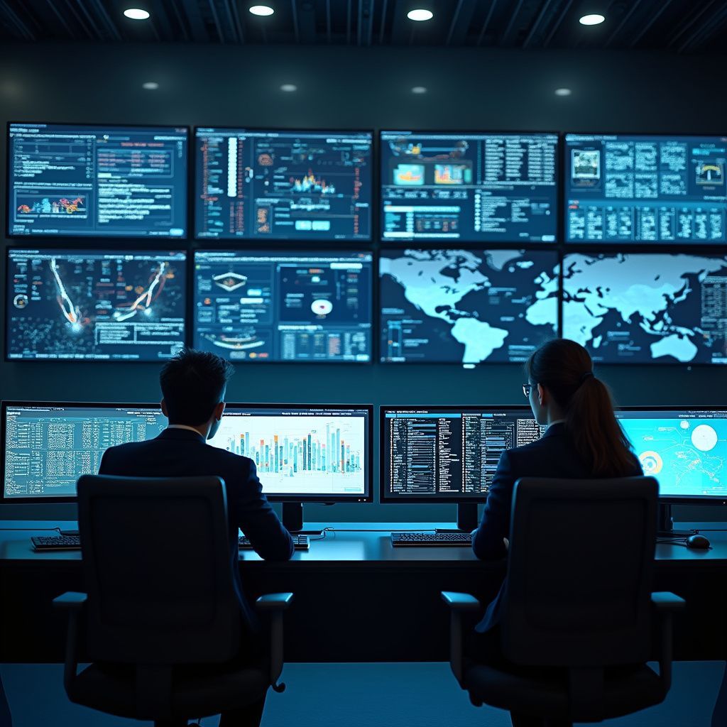 Two people monitor data on multiple screens in a dark control room.