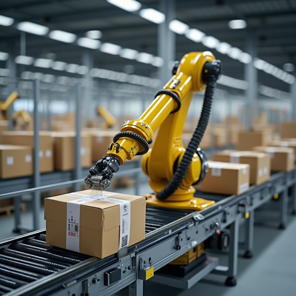 Yellow robotic arm placing a package on a conveyor belt in a warehouse.