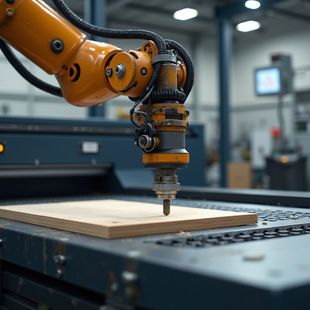 Orange robotic arm cutting wood in a factory setting.