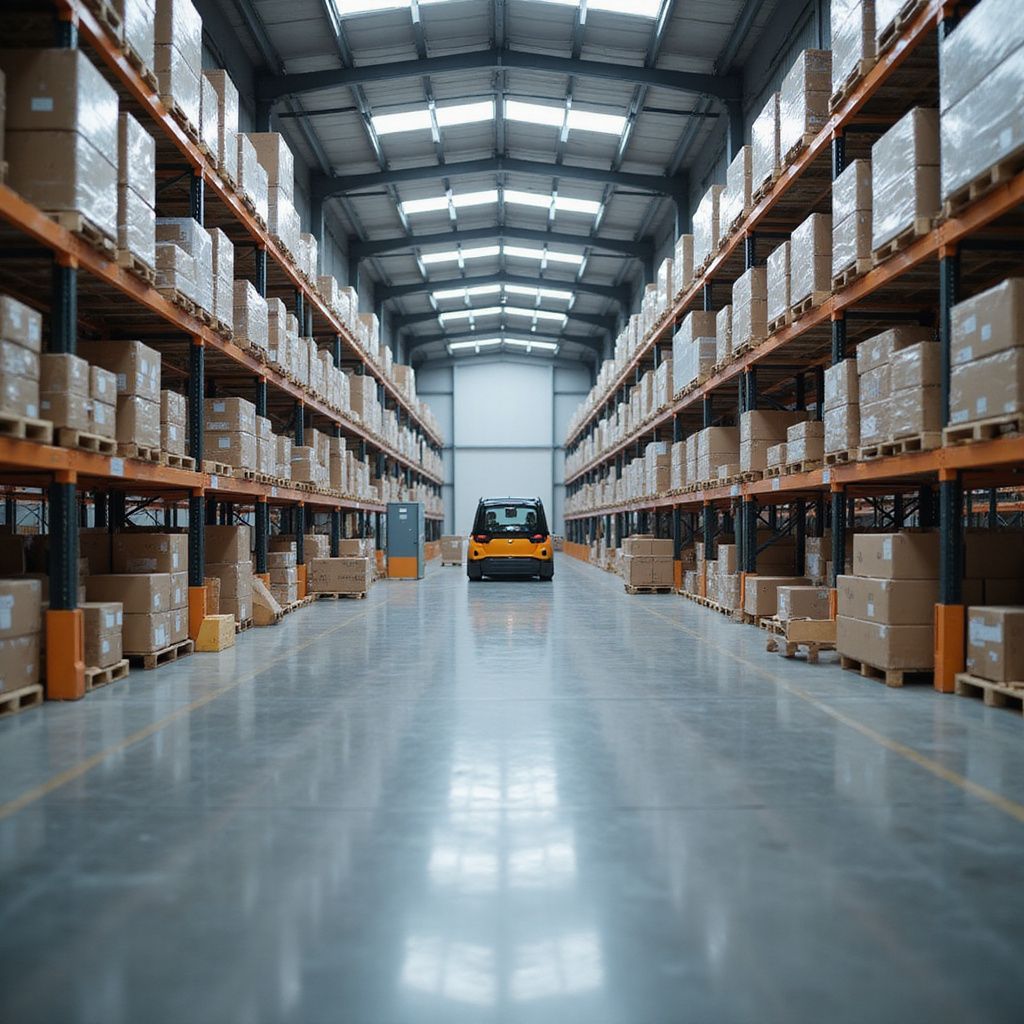 Warehouse interior with rows of shelves holding boxes; forklift in the center aisle.
