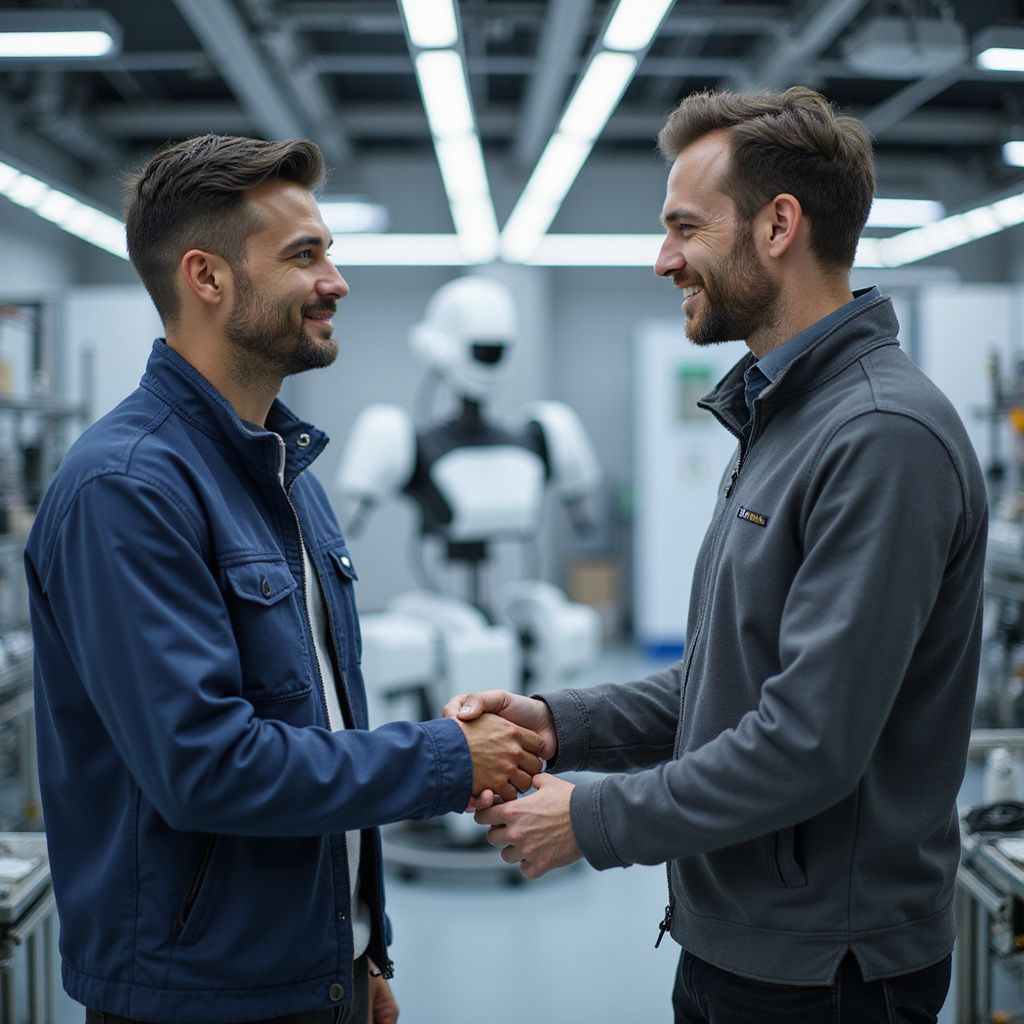 Two men shaking hands, smiling, in a lab with a robot in the background.