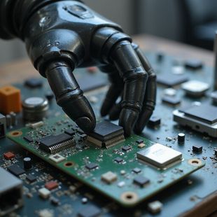 Black robotic hand placing a chip onto a green circuit board, close-up.