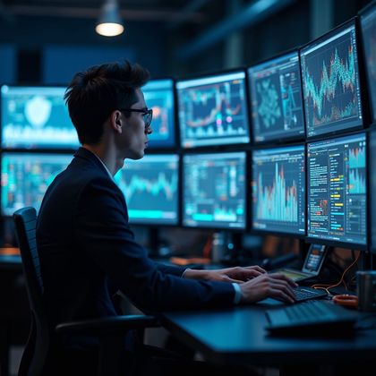 Man in glasses working on computer, surrounded by monitors displaying charts in a dark room.