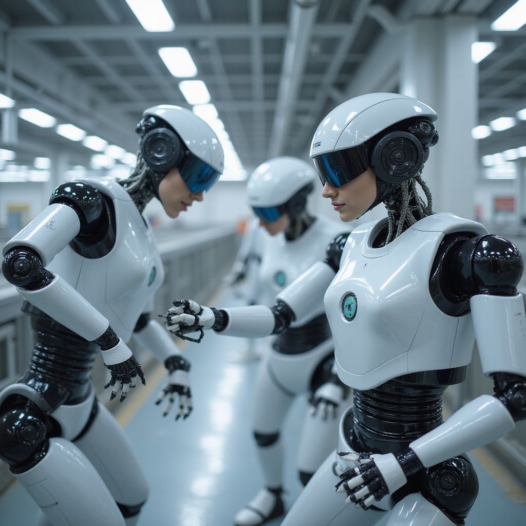Three white robots in a factory, two shaking hands, one in the background, blue visors, black accents.