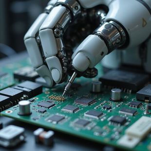 Robotic hand using a tool to repair an electronic circuit board.