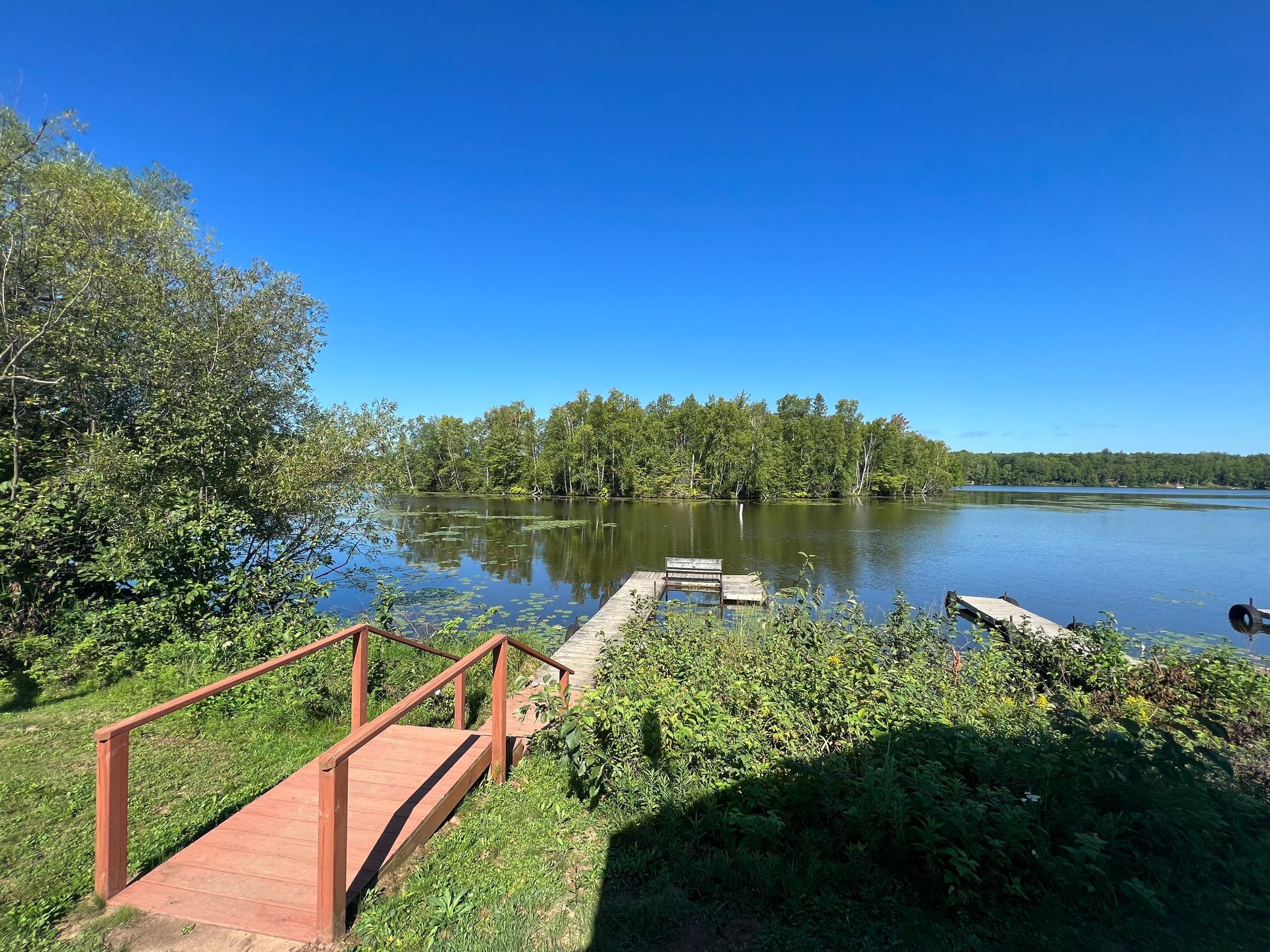 A wooden bridge leading to a lake with trees in the background.