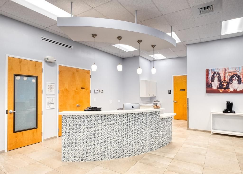 There is a large counter in the middle of the room.