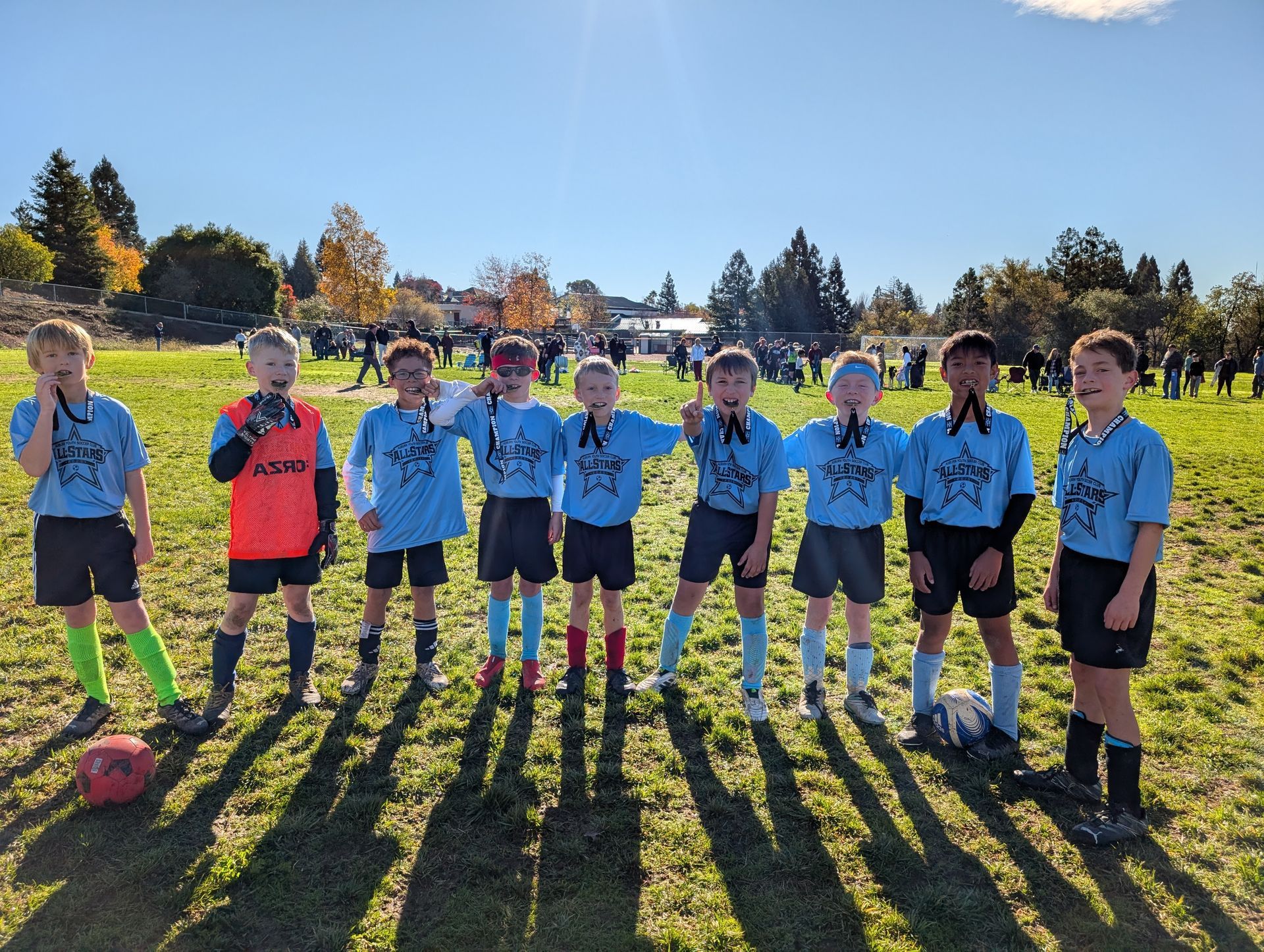 Baseball glove with ball on green grass, with blurred baseballs in the background.
