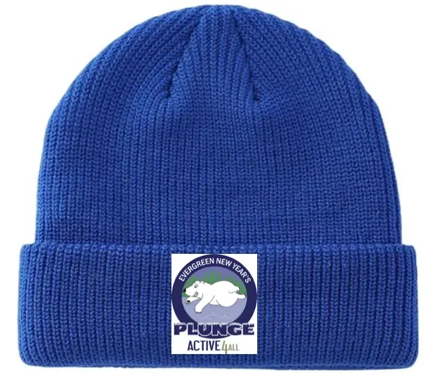 Blue beanie with a logo for the 