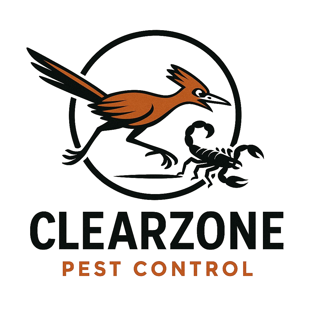 Logo for Clearzone Pest Control: roadrunner chasing a scorpion inside a black circle. Text below: CLEARZONE PEST CONTROL.