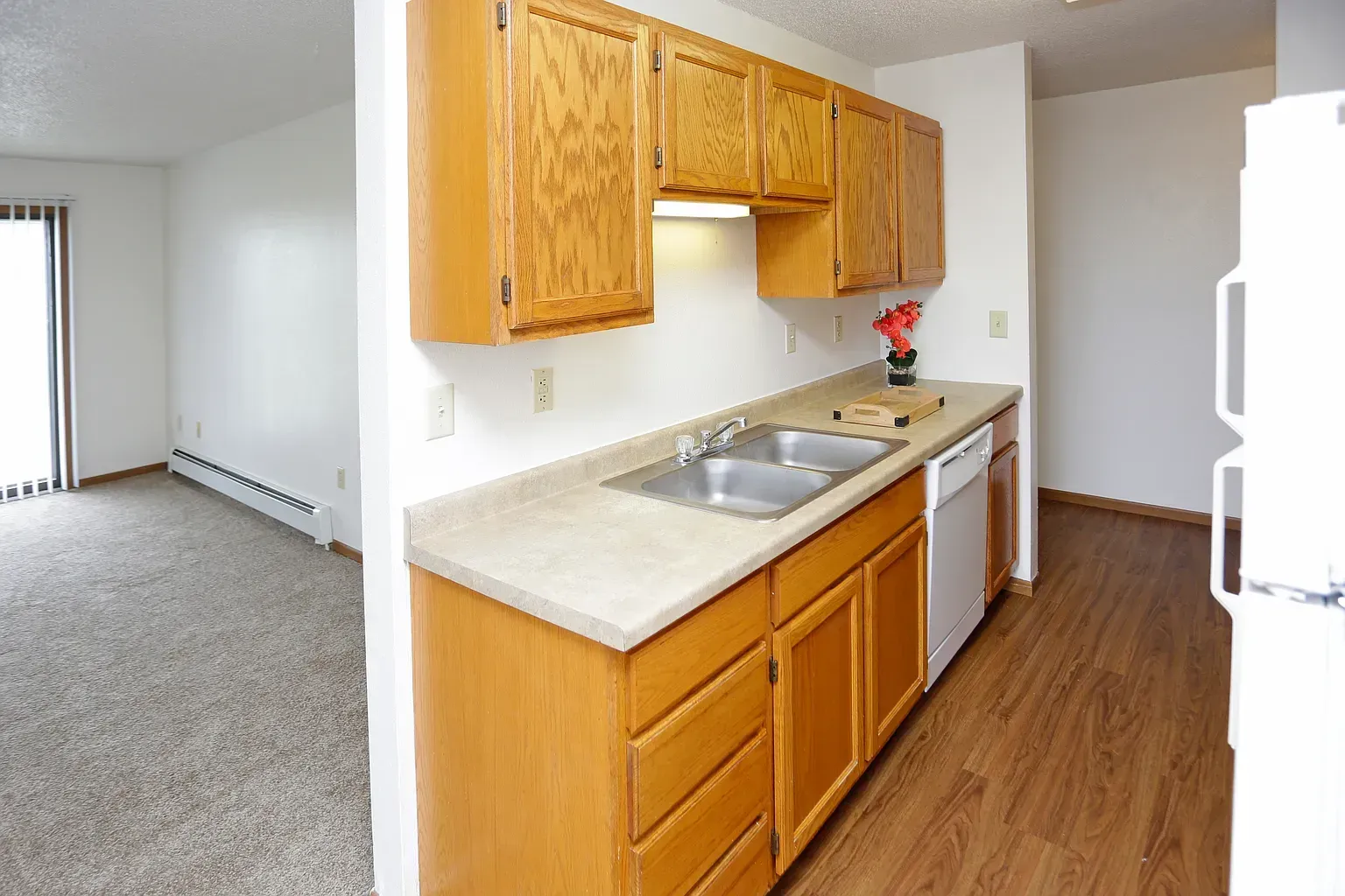 Kitchen in apartment with wooden cabinets, double sink, and white appliances; adjacent living room.