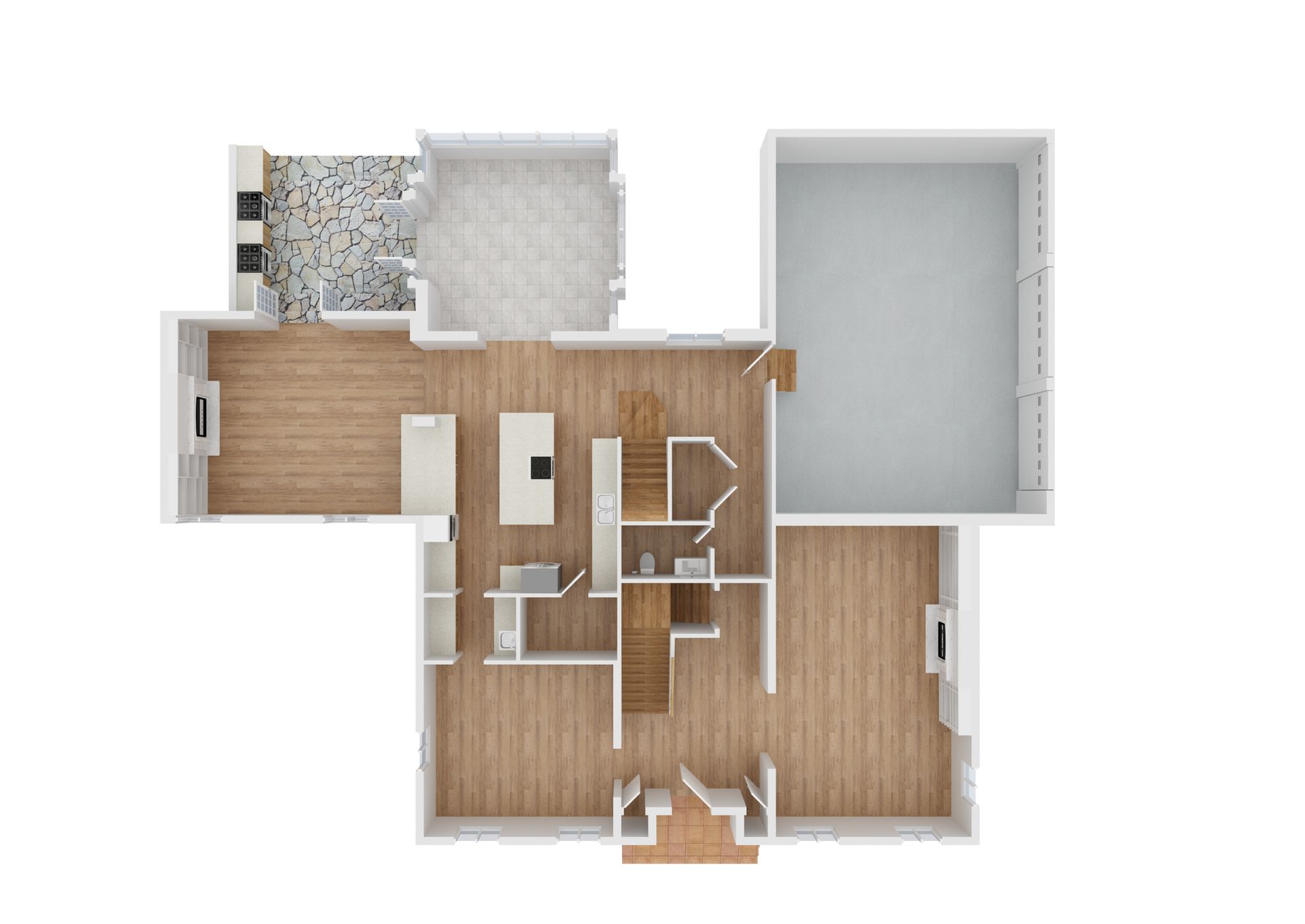 Floor plan of a house with kitchen, living areas, and an attached garage.