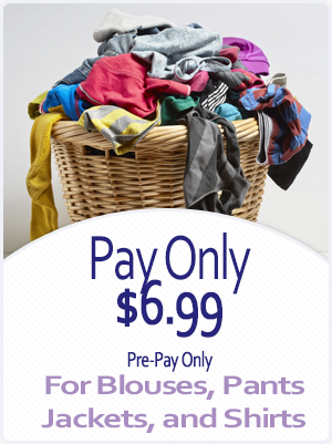 Basket of clothes with “Pay Only $6.99” pre-pay laundry promotion